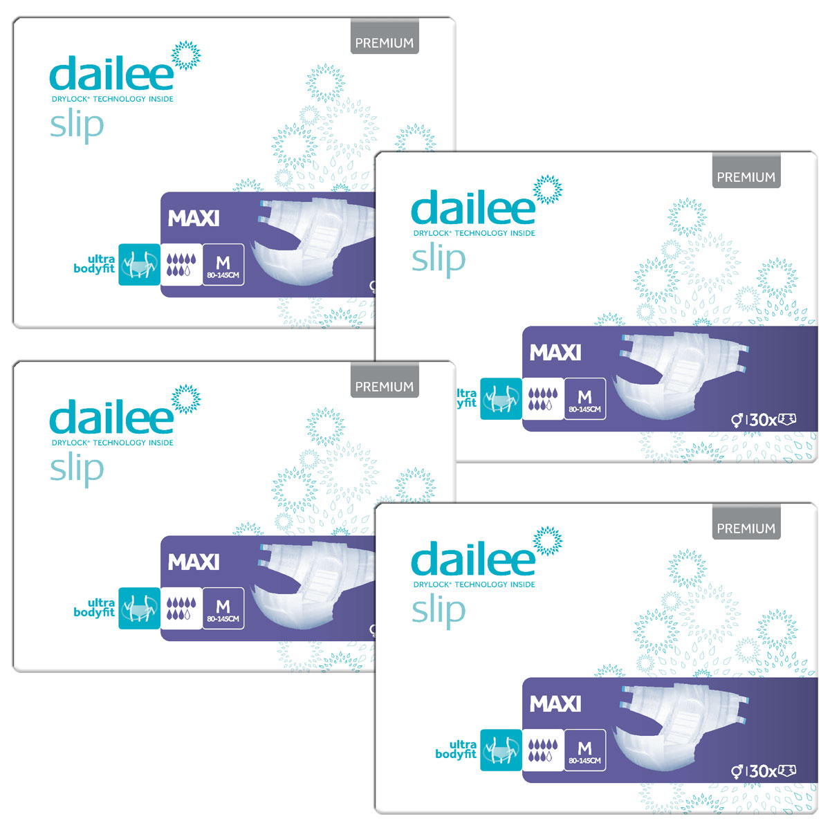 Vier Packungen der Dailee Slip Windeln in der Größe M (80-145 cm) sind übereinander angeordnet. Jede Packung zeigt ein Bild der Windel und enthält Informationen zur Drylock-Technologie sowie zur Anzahl der enthaltenen Einheiten.