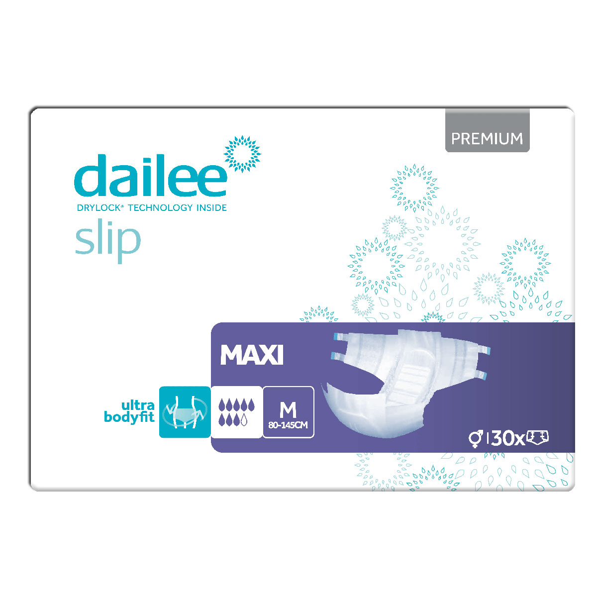 Dailee Slip Maxi Packung, mit 130 Stück. Die Größe M (80-145 cm) wird angezeigt, sowie die Drylock-Technologie. Eine grafische Darstellung der Windel ist im unteren Bereich sichtbar. التصميم هشومي .