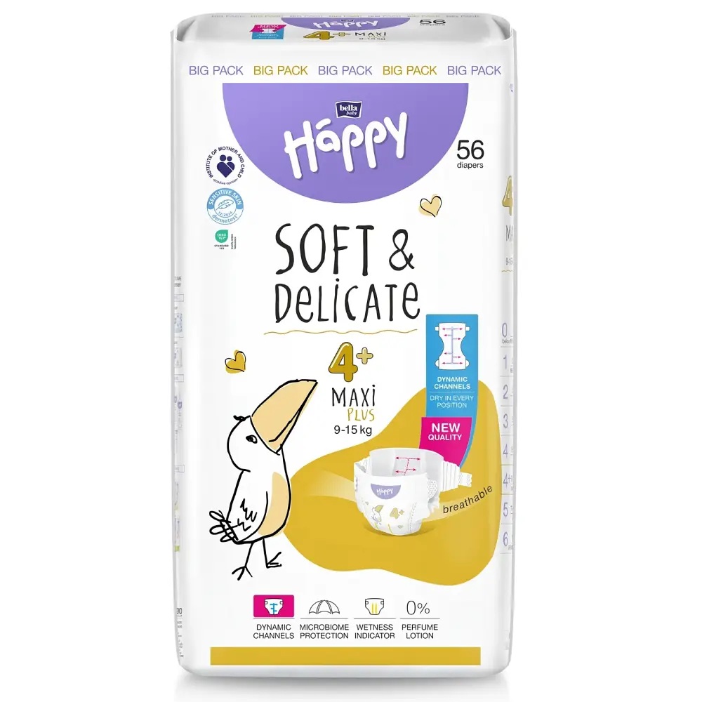 Packung mit 56 Windeln der Marke Bella Happy, Größe 4+ (Maxi Plus), für Babys von 9-15 kg. Auf der Verpackung sind ein Vogel und Produktmerkmale wie -Weich &amp; Zart- abgebildet.