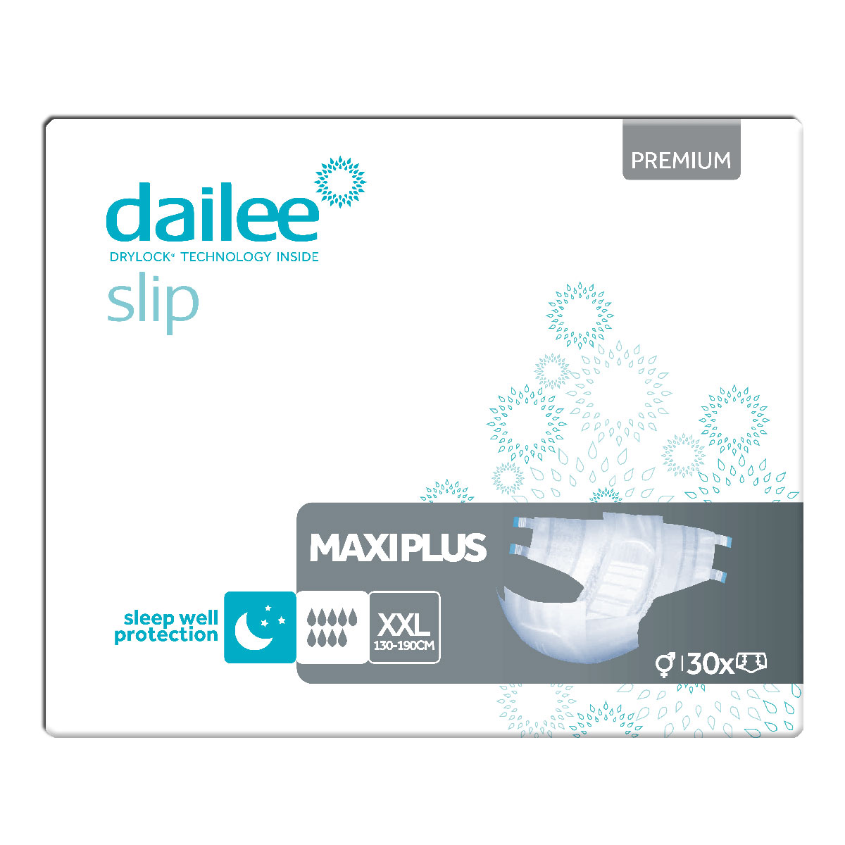 Dailee Slip-Paket in Premium-Qualität. Auf der Verpackung sind abgebildet: -MAXIPLUS-, Größe XXL (130-190 cm) und 130 Stück. Grafisches Design mit Tropfenmotiven und dem Hinweis -sleep well protection-.