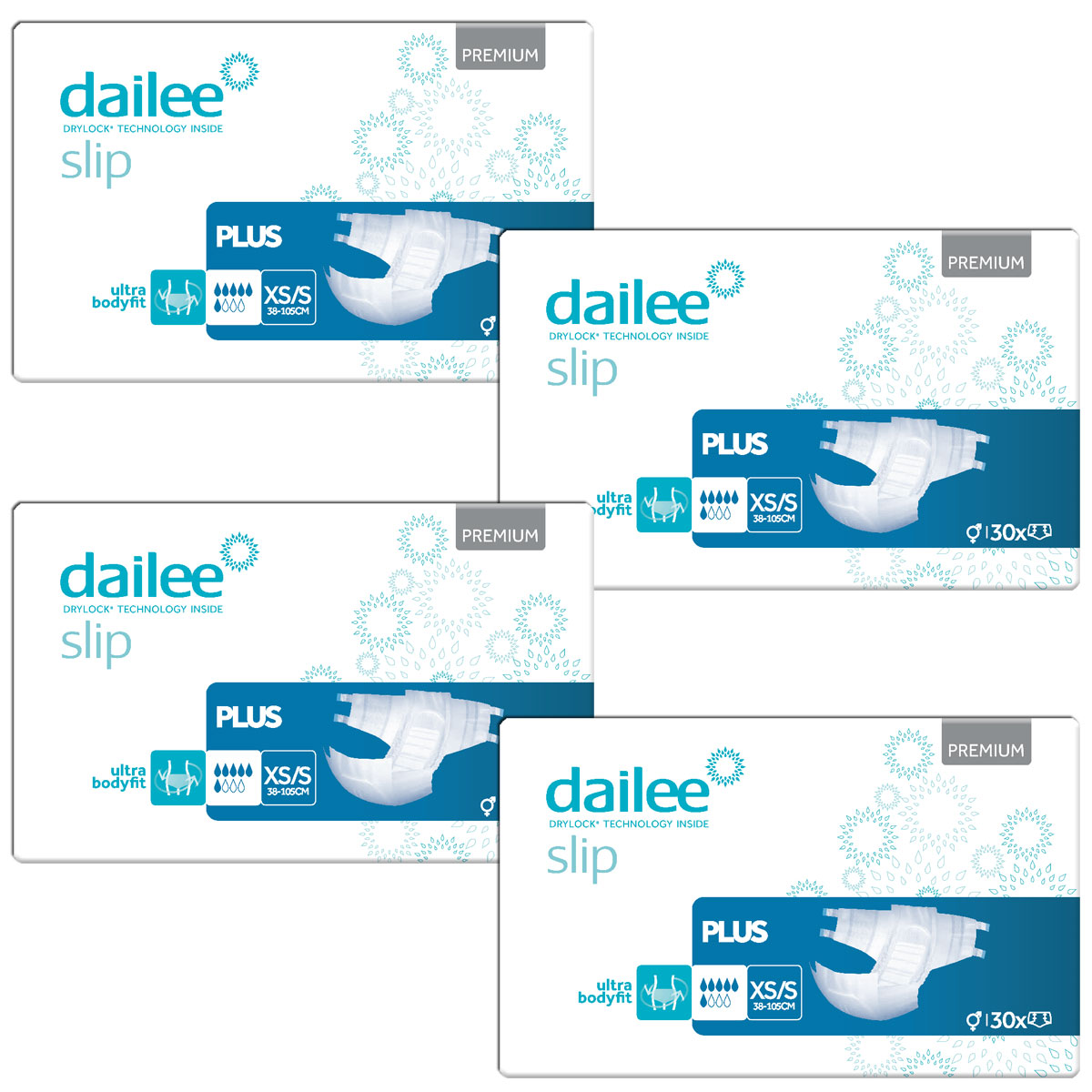 Vier Pakete von dailee Slip-Produkten, die Premium-Qualität präsentieren. Jedes Paket zeigt die Größe XS/S, geeignet für Taillenumfänge von 38-100 cm, mit der DryLock-Technologie und einem Bild des Produkts.