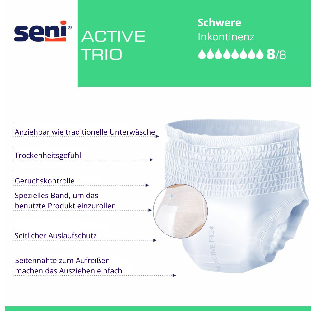 Seni ACTIVE TRIO ist eine weiße Inkontinenzhose, die wie herkömmliche Unterwäsche getragen wird. Sie bietet Trockenheitsgefühl, Geruchskontrolle und seitlichen Auslaufschutz. An der Seite sind Öffnungen zum einfachen Ausziehen.
