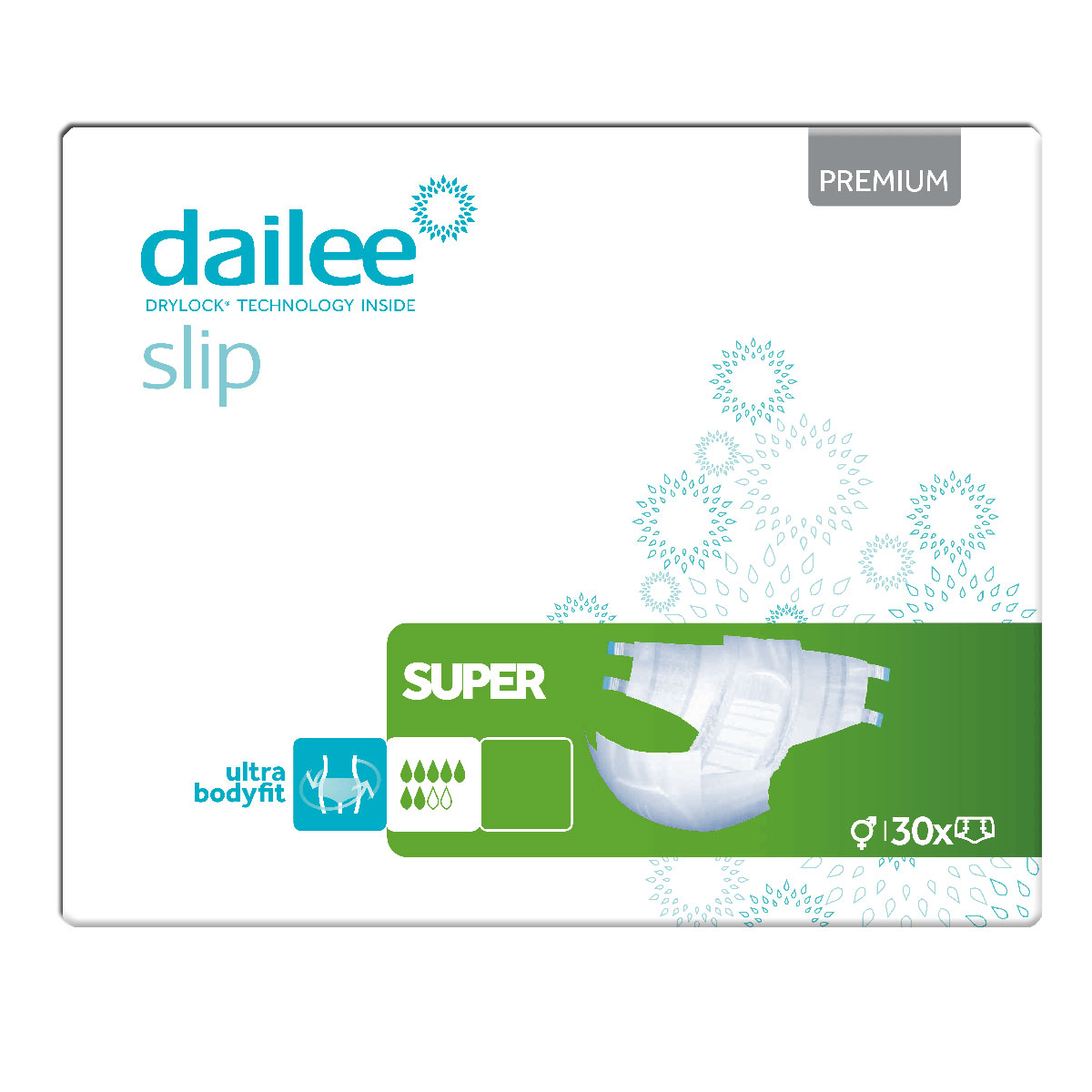 Dailee Slip-Paket mit der Aufschrift -SUPER- auf grünem Hintergrund. Es zeigt eine Windel mit einem schützenden Design. Die Verpackung hat einen weißen Hintergrund mit stylisierten wasserähnlichen Mustern. Text: -dailee DRYLOCK® TECHNOLOGY INSIDE-, -slip-
