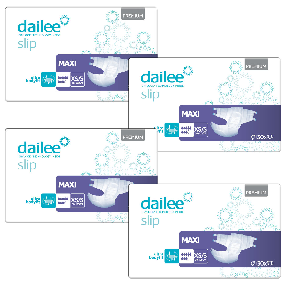 Vier Verpackungen von Dailee Slip-Windeln für Erwachsene sind übereinander angeordnet. Jede Packung zeigt die Produktbezeichnung -MAXI- und die Größenangabe -XS/S- für Maße von 38-105 cm. Die Verpackungen sind in hellem Design mit blauem Schriftzug.