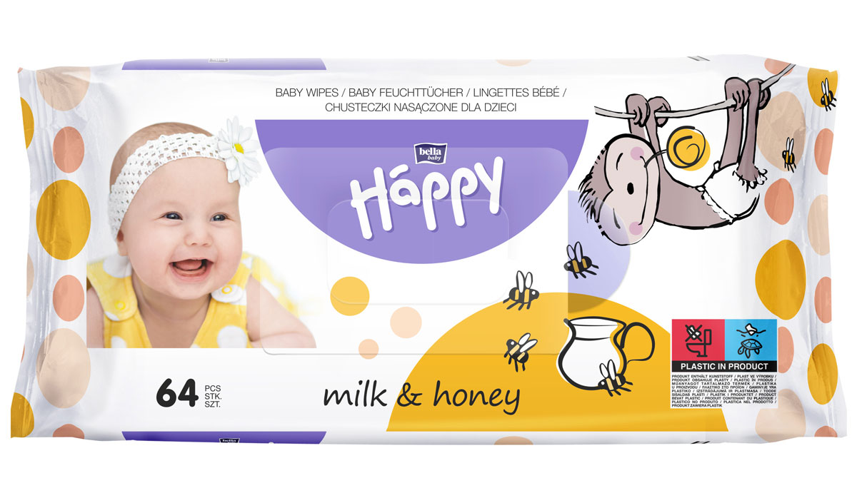 Babyfeuchttücher Verpackung mit einer lächelnden Babyaufnahme. Auf der Packung stehen -milk &amp; honey- sowie die Anzahl der Tücher: 64 Stück. Illustrationen von Bienen und einem Affen ergänzen das Design.