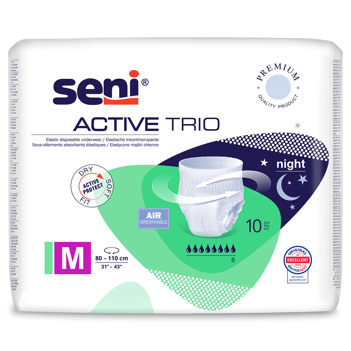Ein Paket mit elastischen Einwegunterhosen der Marke Seni. Es trägt die Aufschrift -ACTIVE TRIO-, ist für die Nacht geeignet und enthält 10 Stück in Größe M (80-110 cm).