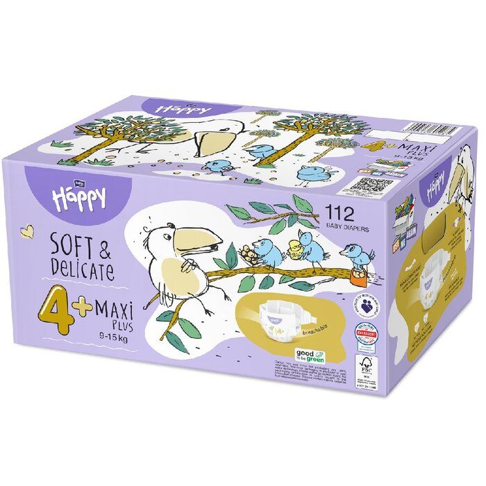 Eine bunte Verpackung mit Zeichnungen von Vögeln und Bäumen enthält 112 Babywindeln. Auf der Vorderseite steht -Happy-, -Soft &amp; Delicate- und -4+ Maxi Plus- mit Gewichtsangabe.