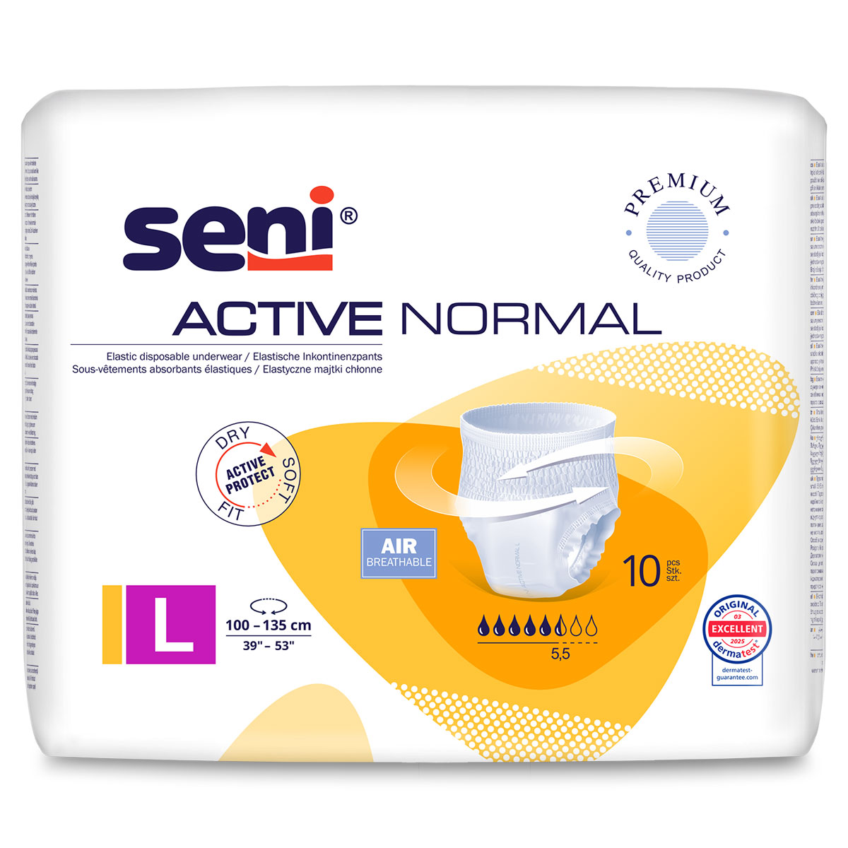 Seni Aktive Normal Inkontinenz-Pants in Größe L sind in einer Verpackung mit orangefarbenem Design dargestellt. Die Packung enthält 10 Stück und betont Eigenschaften wie Atmungsaktivität und trockenen Tragekomfort.