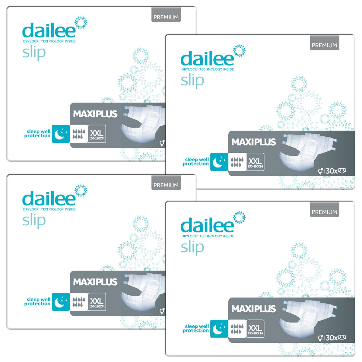 Vier Packungen von Dailee Slip, Premium-Qualität, mit der Größenbezeichnung XXL (130-150 cm). Alle zeigen das Design der Produkte und beinhalten Hinweise auf -sleep well protection- und -drylock technology inside-.