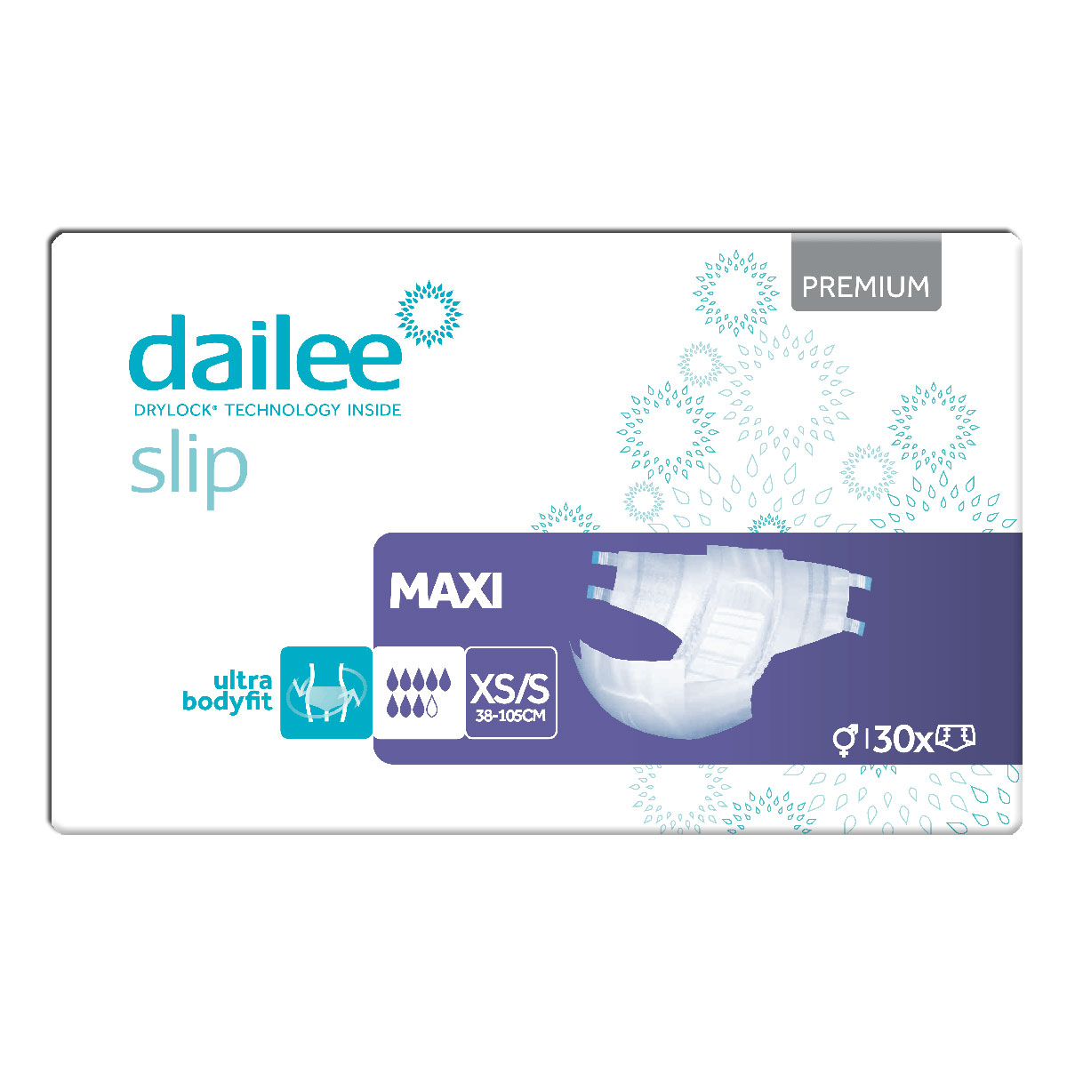 Dailee Slip Maxi Packung mit 130 Stück. Die Verpackung zeigt eine Diaper mit -Ultra Bodyfit- Technologie und einer Größe XS/S (38-105 cm). Hintergrund in hellen Farben mit abstrakten Mustern.