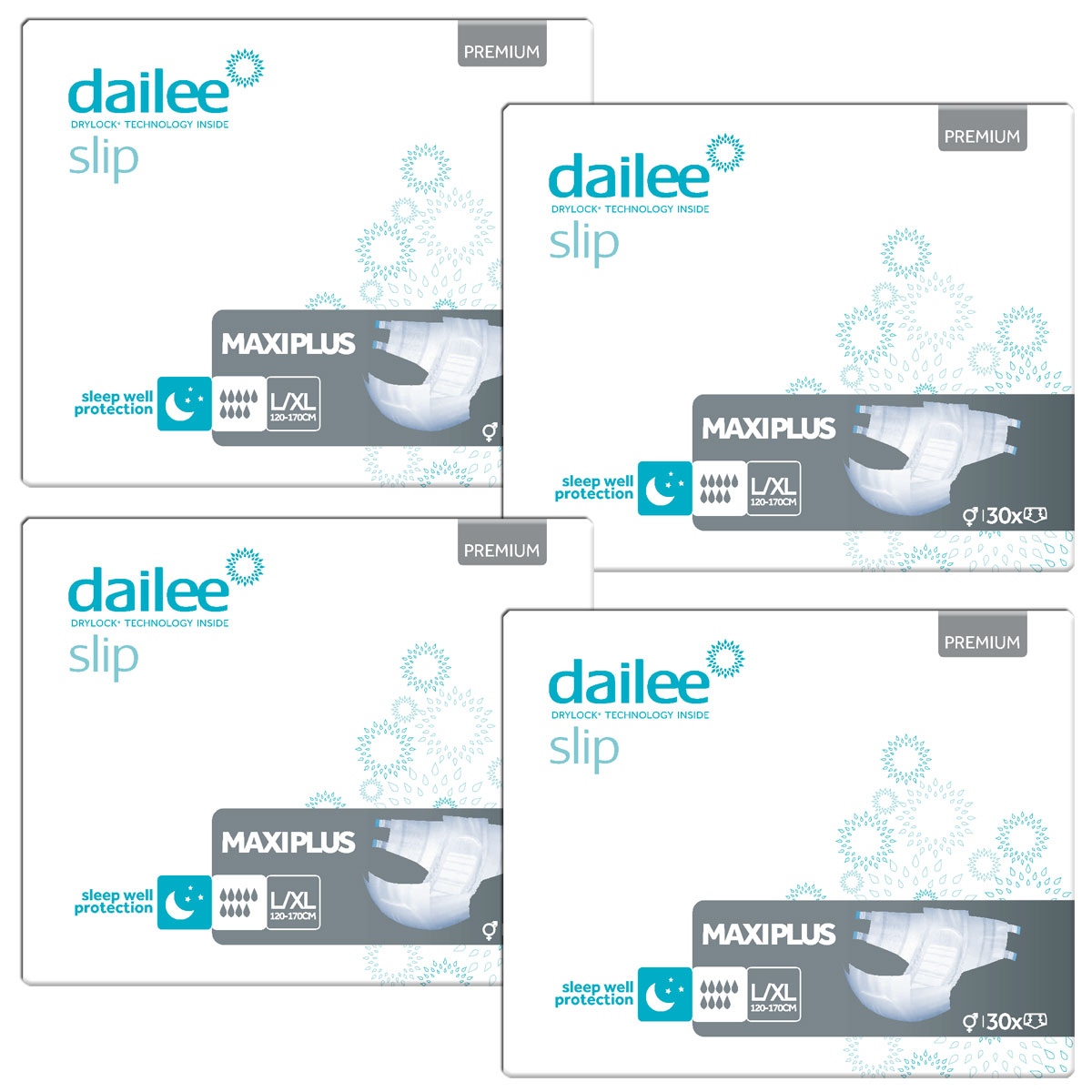 Vier Packungen der Dailee Slip Inkontinenzprodukte sind nebeneinander angeordnet. Jede Verpackung ist überwiegend weiß mit blauen und grauen Elementen und zeigt die Aufschrift -MAXIPLUS- und -sleep well protection-.