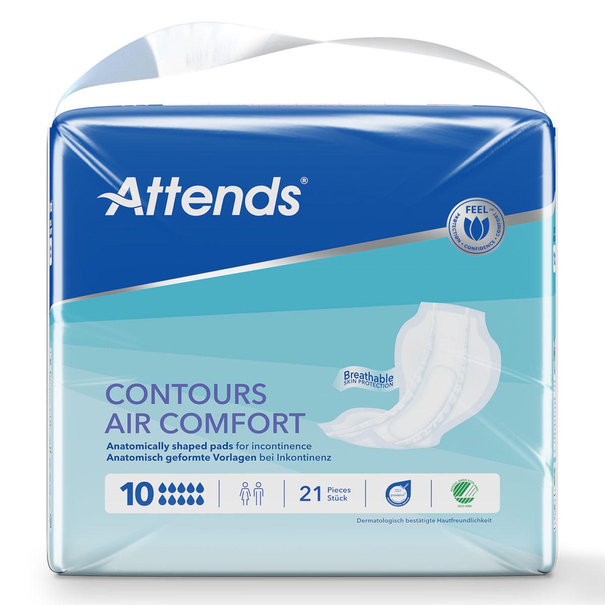 Attends® Contours Air Comfort, anatomisch geformte Vorlagen für Inkontinenz. Verpackung zeigt 10 Einheiten, mit 21 Stück insgesamt und einem Hinweis auf atmungsaktive Hautschutz. Dermatologisch getestet.