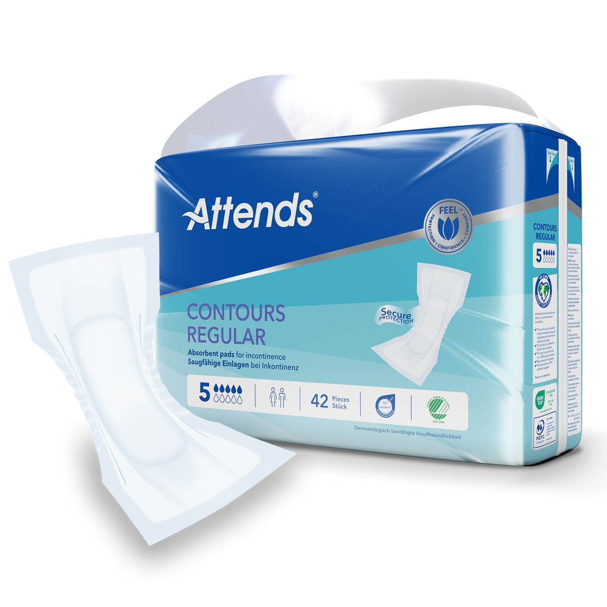 Absorbierende Einlagen für Inkontinenz sind in einer blau-weißen Verpackung mit dem Markennamen -Attends- dargestellt. Die Verpackung enthält 42 Stück. Einlage ist teilweise sichtbar und zeigt ihr konturiertes Design.