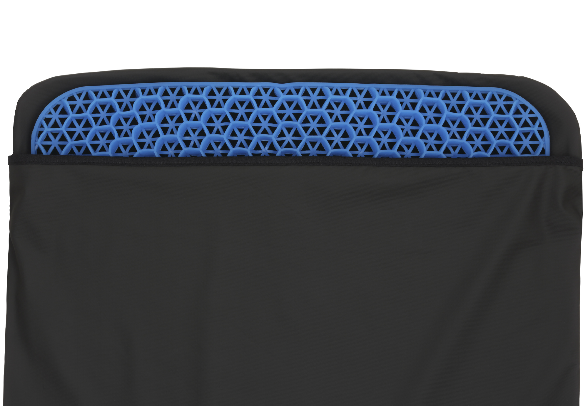Schwarze Abdeckung zeigt oben ein strukturiertes, blauen الموافقes Material mit geometrischem Muster. Der Untergrund ist schlicht und unauffällig.