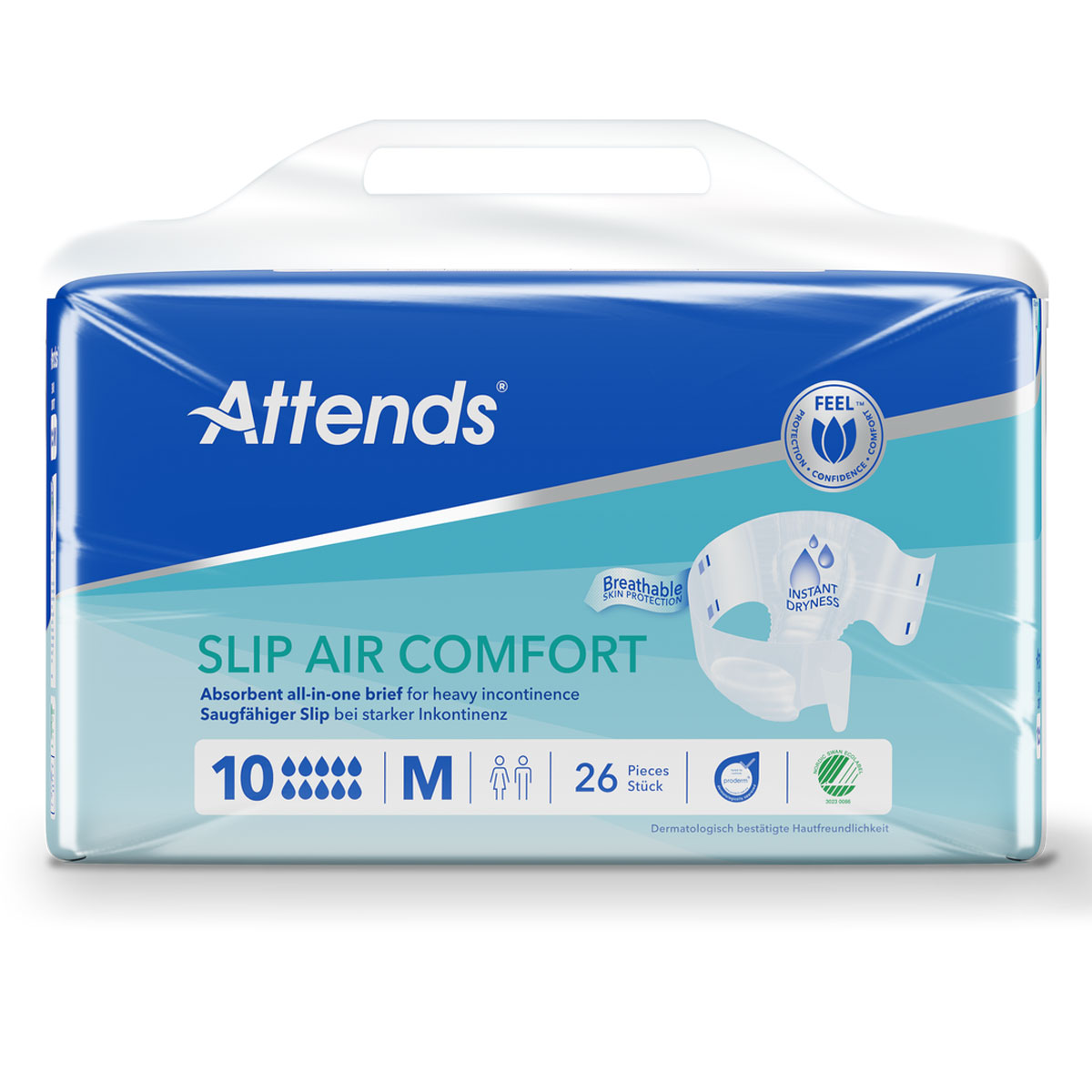 Attends Slip Air Comfort ist eine Packung mit 10 absorbierenden Inkontinenzslips in Größe M. Sie bietet sofortige Trockenheit und atmungsaktiven Hautschutz. Enthält insgesamt 26 Stück.