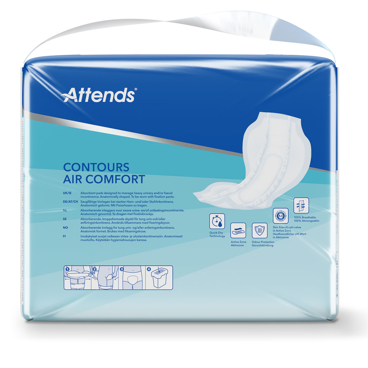 Absorbierende Pads in einer blauen Verpackung, die auf der Vorderseite den Text -Contours Air Comfort- zeigt. Die Verpackung enthält Informationen zu den Eigenschaften des Produkts, wie Atmungsaktivität und Geruchsschutz.