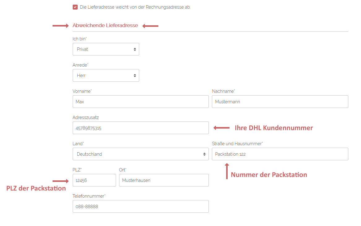 So füllen Sie die Lieferanschrift für eine Packstation an.