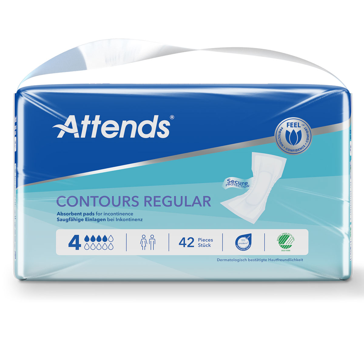 Die Verpackung zeigt ein Produkt von Attends namens -Contours Regular-. Es handelt sich um saugfähige Einlagen für Inkontinenz, die in einer Packung mit 42 Stück angeboten werden. Die Verpackung ist blau und weiß, mit entsprechenden Symbolen und Hinweisen
