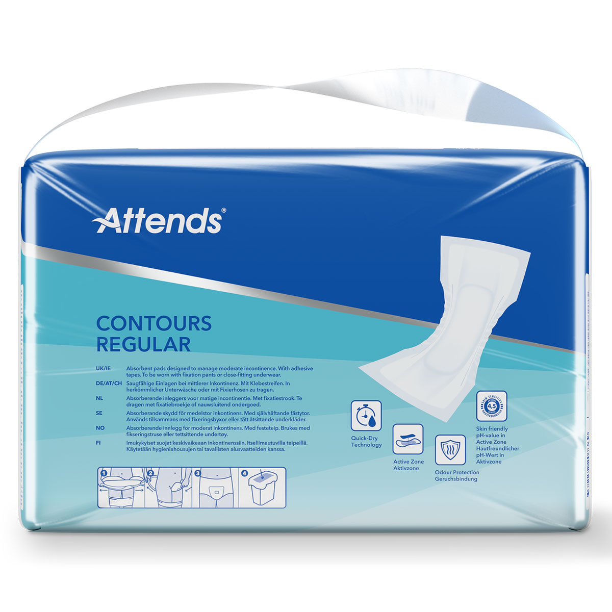 Absorbierende Einlagen in einer Verpackung mit blauer Farbgebung. Die Einlagen sind für mittlere Inkontinenz konzipiert und haben Klebestreifen. Informationen zur Nutzung und Technologie sind aufgedruckt.