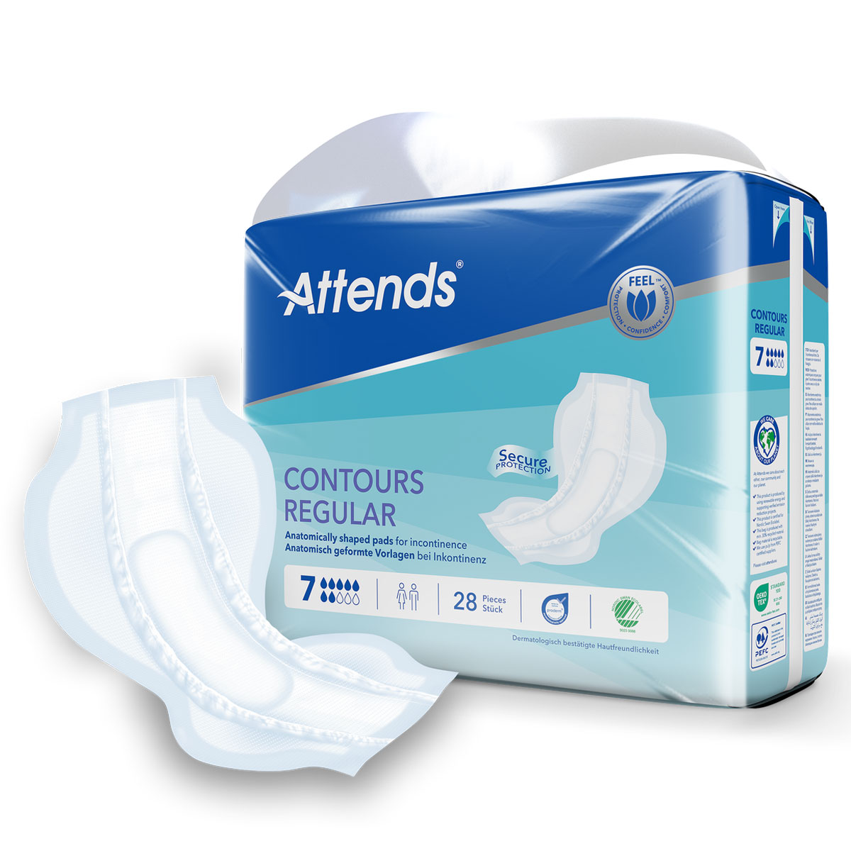 Die anatomisch geformte Einlage von Attends liegt neben der Verpackung. Die Verpackung zeigt das Produktdesign, Informationen wie -Contours Regular- und Details zur Anzahl der Stücke.