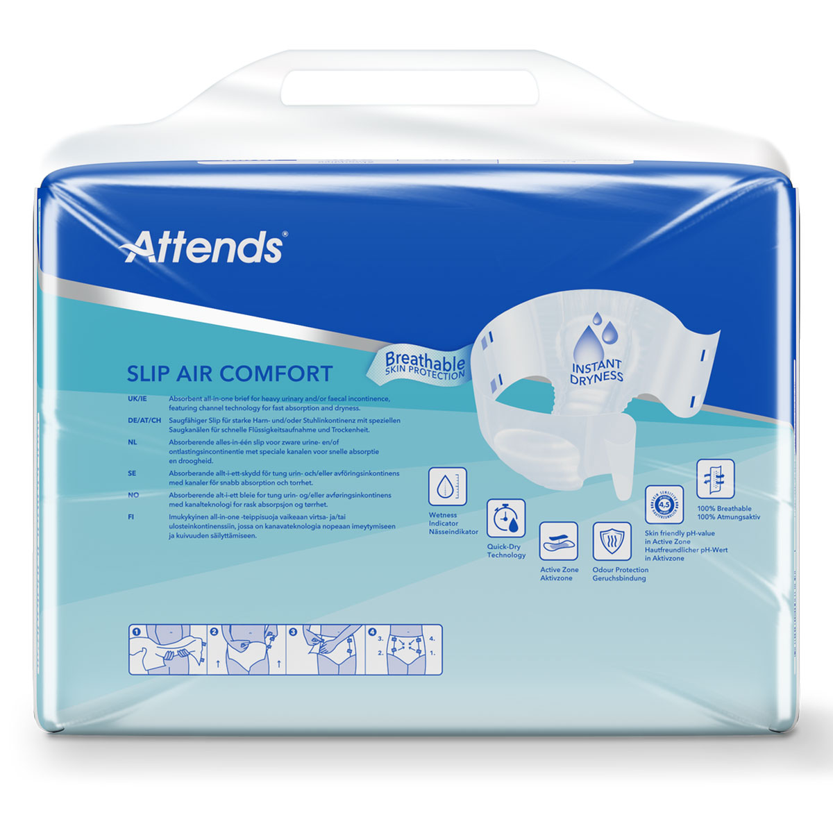 Eine Packung für Attends Slip Air Comfort, die atmungsaktive Hautschutztechnologie bietet. Die Vorderseite zeigt Produktmerkmale wie -Schnelle Trocknung- und eine Anleitung zur Anwendung. Der Hintergrund ist hellblau.
