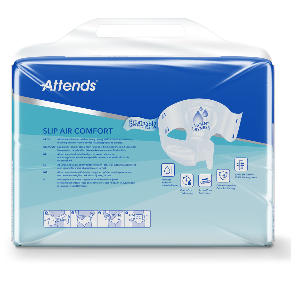 Packung von Attends Slip Air Comfort, die absorbierende Einlagen für schwere Inkontinenz präsentiert. Abgebildete Merkmale umfassen atmungsaktive Technologie, Soforttrockenheit und eine Anleitung dazu.