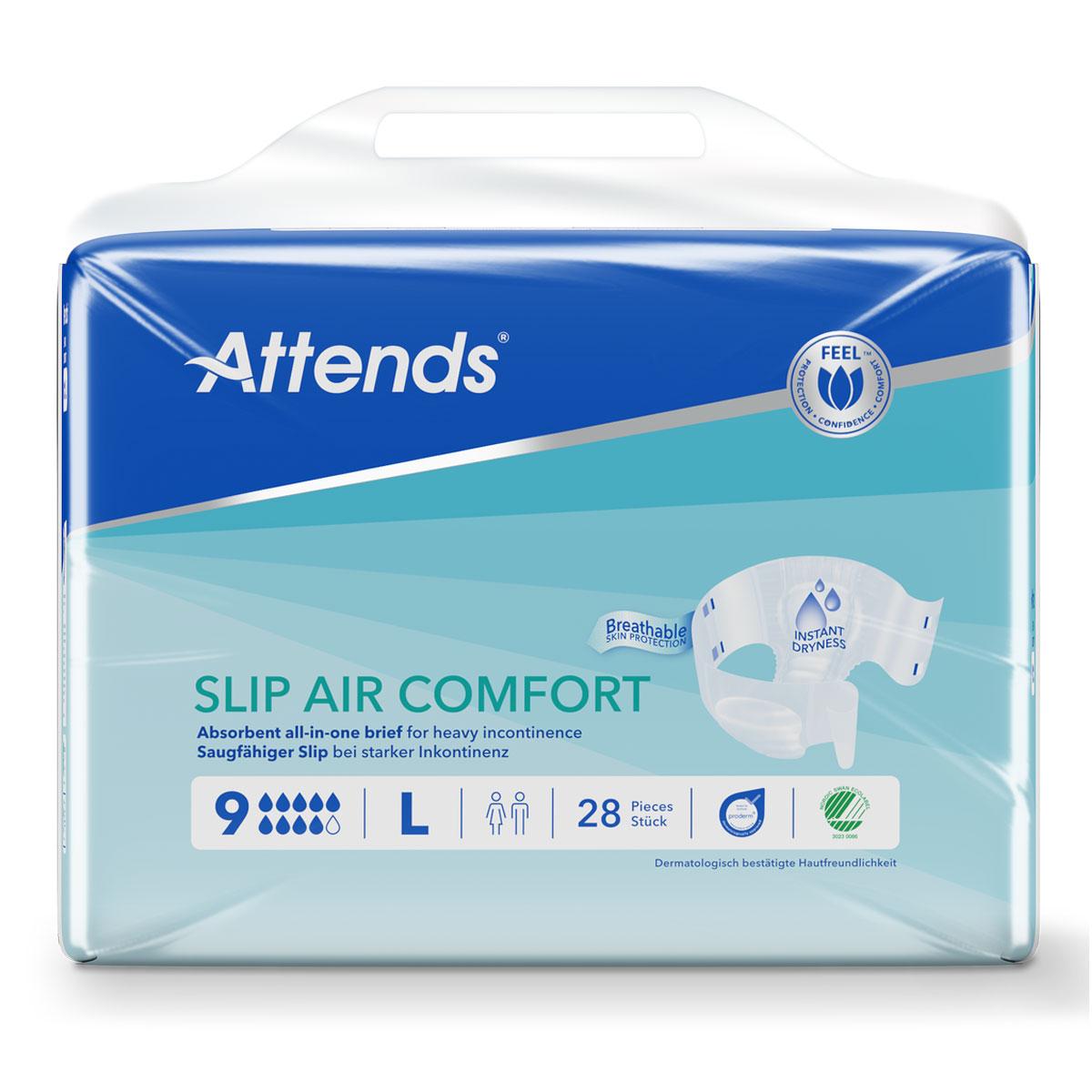 Packung mit Inkontinenzprodukten der Marke Attends. Sie trägt die Beschriftung -SLIP AIR COMFORT- und enthält 28 Stück in Größe L. Die Packung betont atmungsaktive Eigenschaften und sofortige Trockenheit.