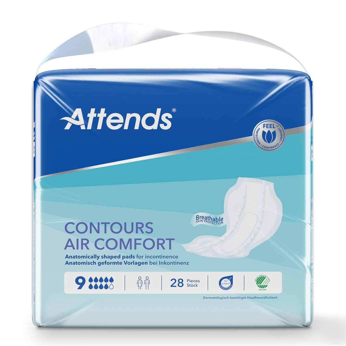 Attends Packung mit anatomisch geformten Inkontinenzvorlagen, bezeichnet als -Contours Air Comfort-, enthält 28 Stück. Die Verpackung zeigt das Logo und Hinweise zur Hautfreundlichkeit.