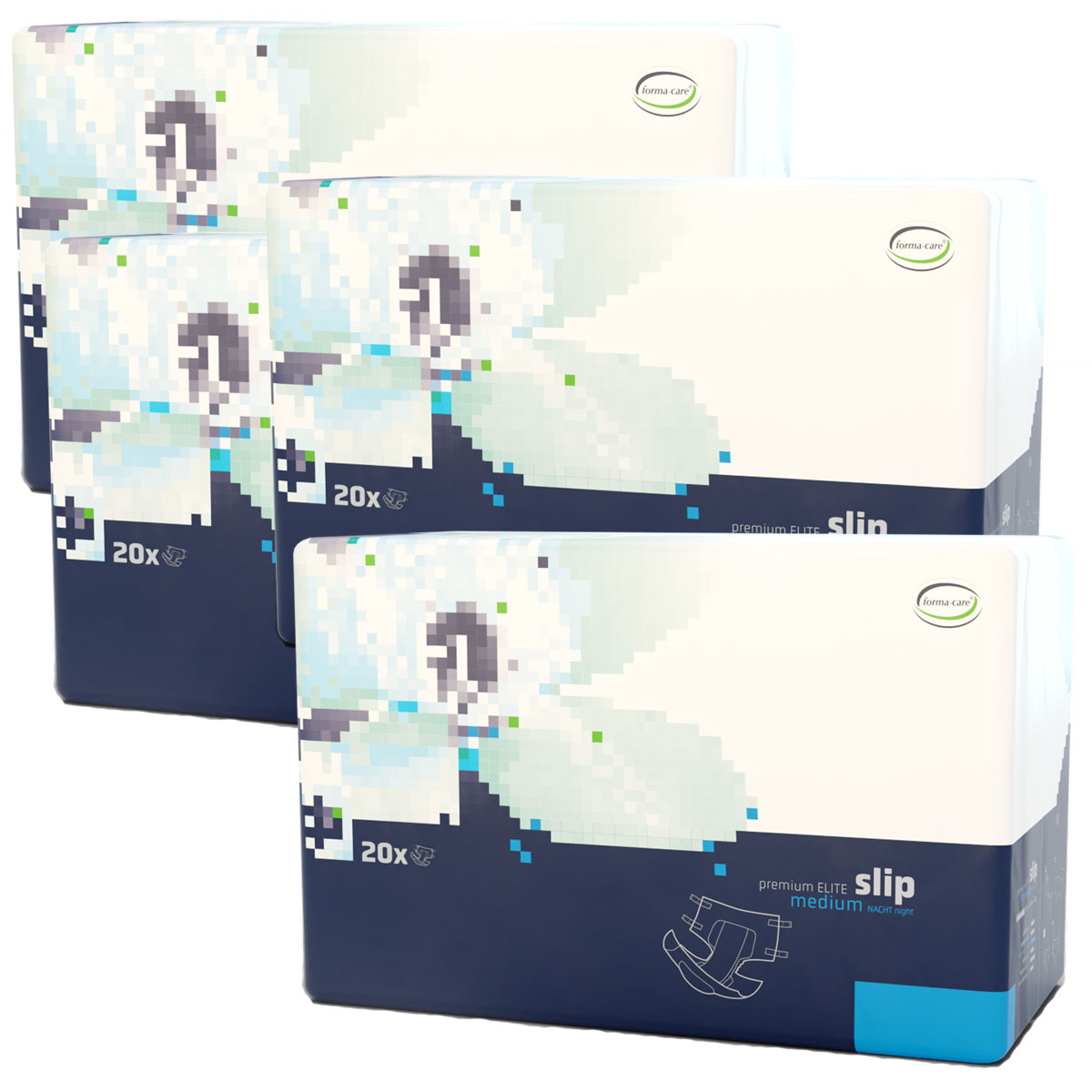 Drei Verpackungen von Inkontinenzprodukten übereinander gestapelt. Jede Packung zeigt ein florales Design und enthält 20 Stück. Die Farben sind überwiegend blau und weiß.