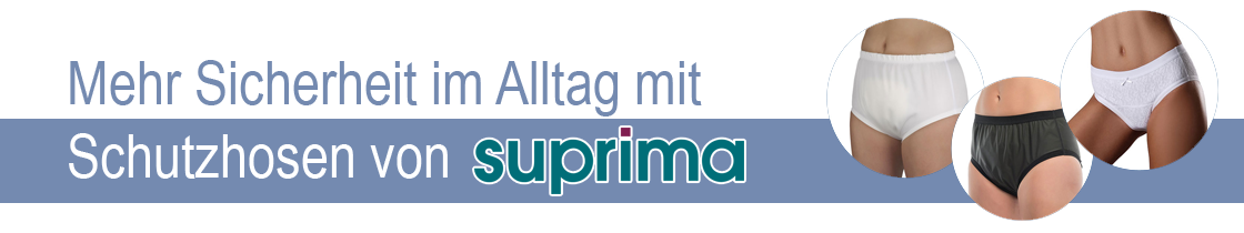 Sichere Schutzunterwäsche von suprima wird beworben. Die Anzeige zeigt verschiedene Modelle in Weiß und Grau. Im Hintergrund steht der Slogan: -Mehr Sicherheit im Alltag mit Schutzhosen von suprima-.