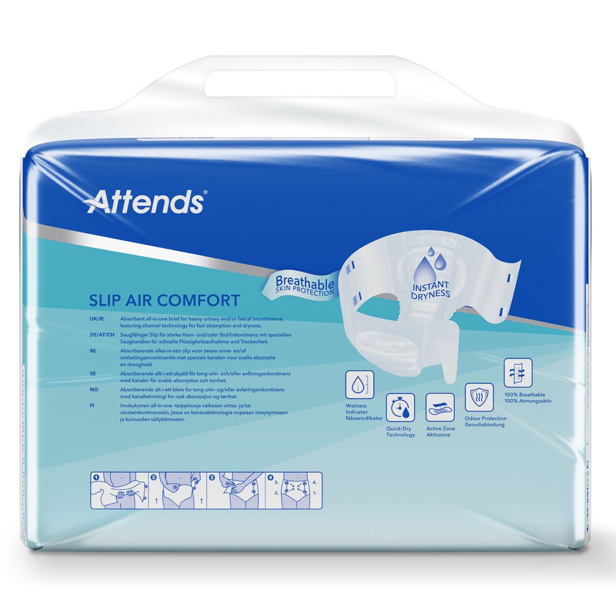 Eine Verpackung mit dem Produkt -Attends Slip Air Comfort-. Die Vorderseite zeigt ein Diagramm des Produkts, das als saugfähige Einlage für Inkontinenz beschrieben wird. Es hebt Merkmale wie Atmungsaktivität und sofortige Trockenheit hervor.