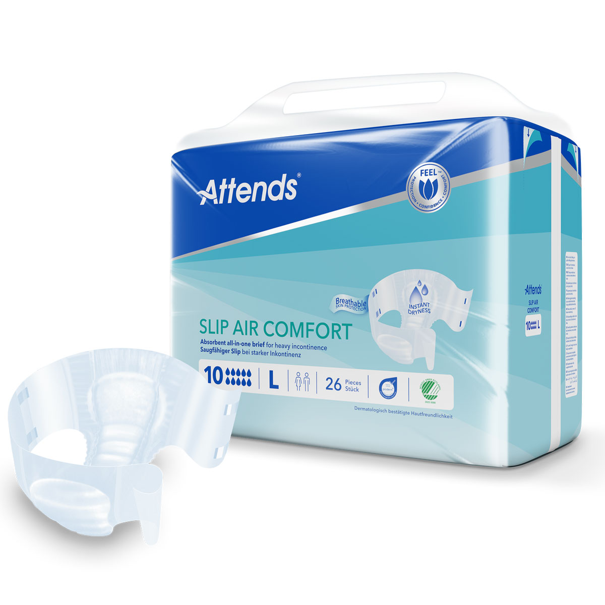Ein Paket mit Attends Slip Air Comfort, das eine einzelne, transparente Inkontinenzunterwäsche zeigt. Die Verpackung ist hellblau und enthält Informationen über die Größe L und die Anzahl von 26 Stück.