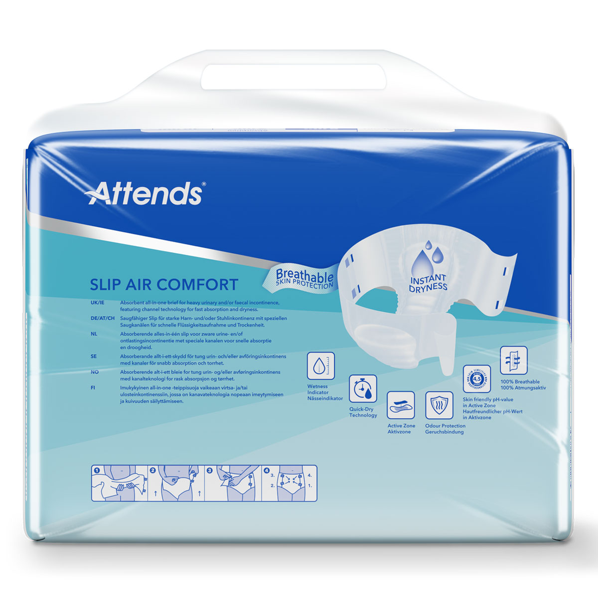 Die Packung zeigt die -Attends Slip Air Comfort- Produkte, die für die Aufnahme von Urin und Stuhlgang konzipiert sind. Sie hebt die atmungsaktive Hautschutztechnologie mit sofortiger Trockenheit hervor. Auf der Vorderseite sind Anweisungen und Symbole zu