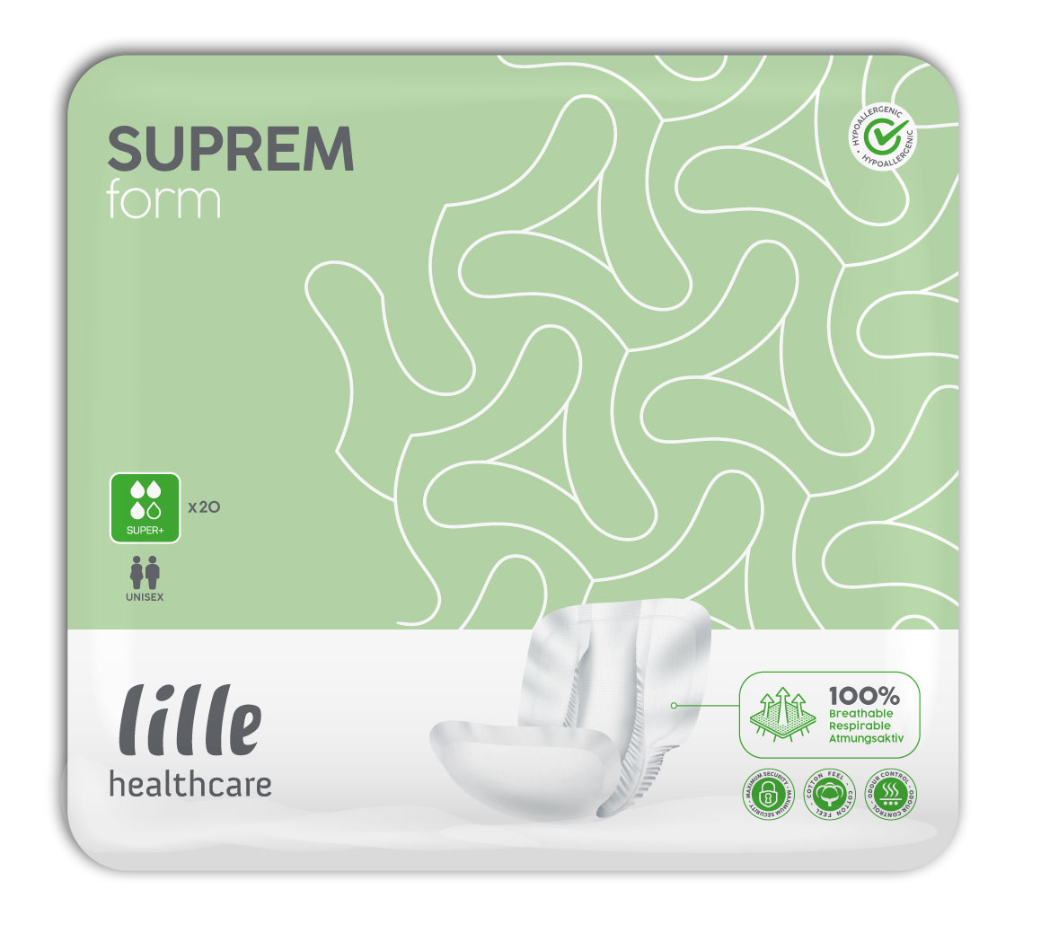 Packung mit 20 unisex Inkontinenzprodukten namens -SUPREM form- von -lille healthcare-. Auf einem grünen Hintergrund sind die Produkte abgebildet. Es gibt Hinweise auf Atmungsaktivität und hypoallergene Eigenschaften.