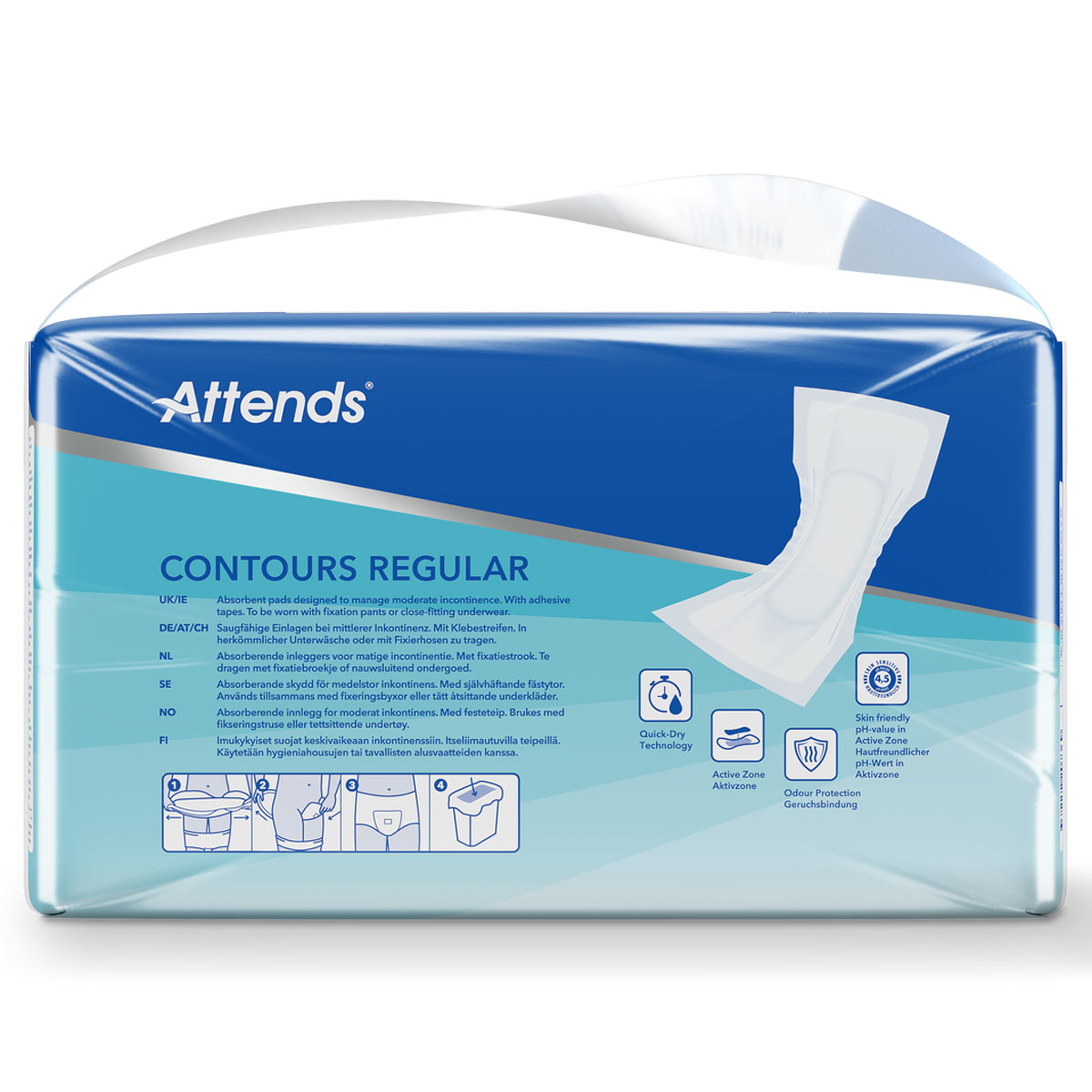 Absorbierende Pads zur Handhabung von leichter bis moderater Inkontinenz in blauem Verpackungsdesign. Auf der Vorderseite sind Produktinformationen und Symbole abgebildet, darunter die Technologie und Hautfreundlichkeit.