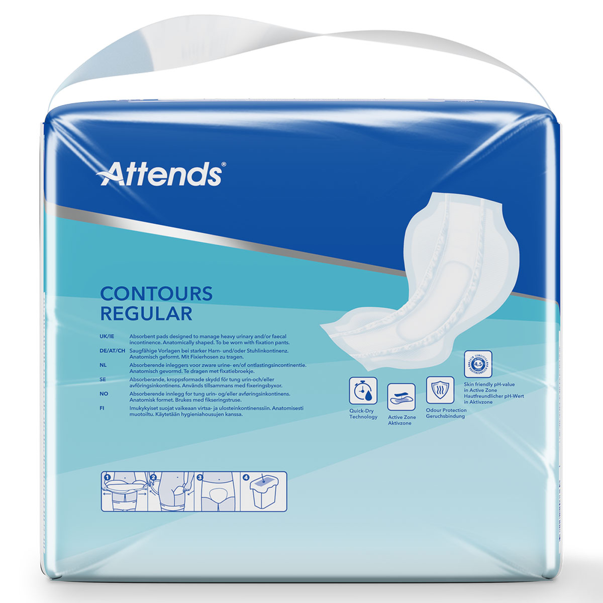 Ein Paket mit Inkontinenzprodukten, beschriftet mit -Attends CONTOURS REGULAR-. Es zeigt die Verwendung und spezielle Merkmale. Der Hintergrund ist blau, das Produkt ist verpackt und zeigt eine anatomisch geformte Einlage.