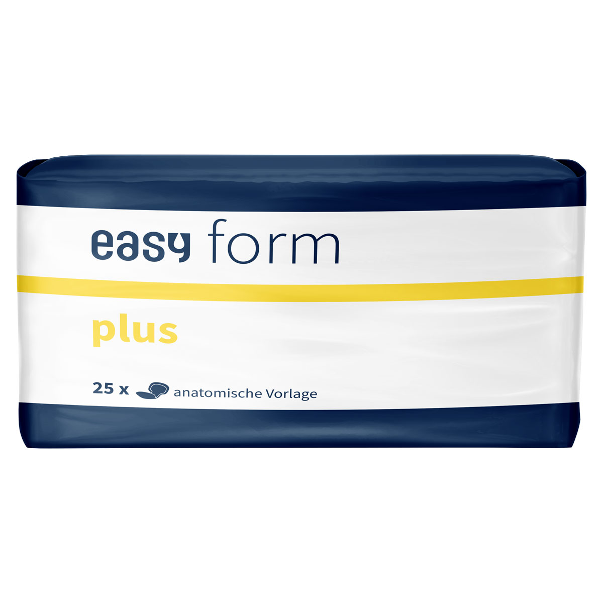 Packung mit 25 anatomischen Vorlagen von -easy form plus-. Die Vorderseite ist überwiegend weiß mit einer gelben und blauen Farbgestaltung. Der Fokus liegt auf der Produktbezeichnung und der Anzahl der Vorlagen.