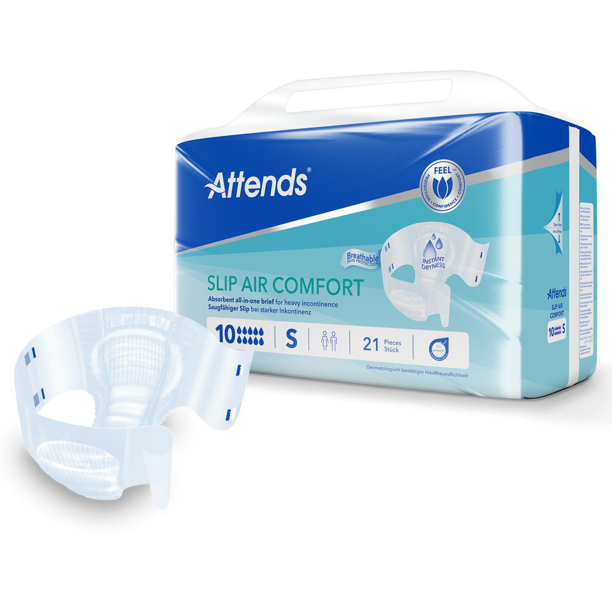 Saugfähige Einwegslips für starke Inkontinenz liegen auf einem blauen Verpackungssack. Die Packung zeigt Informationen wie -SLIP AIR COMFORT- und die Anzahl der enthaltenen Stücke.