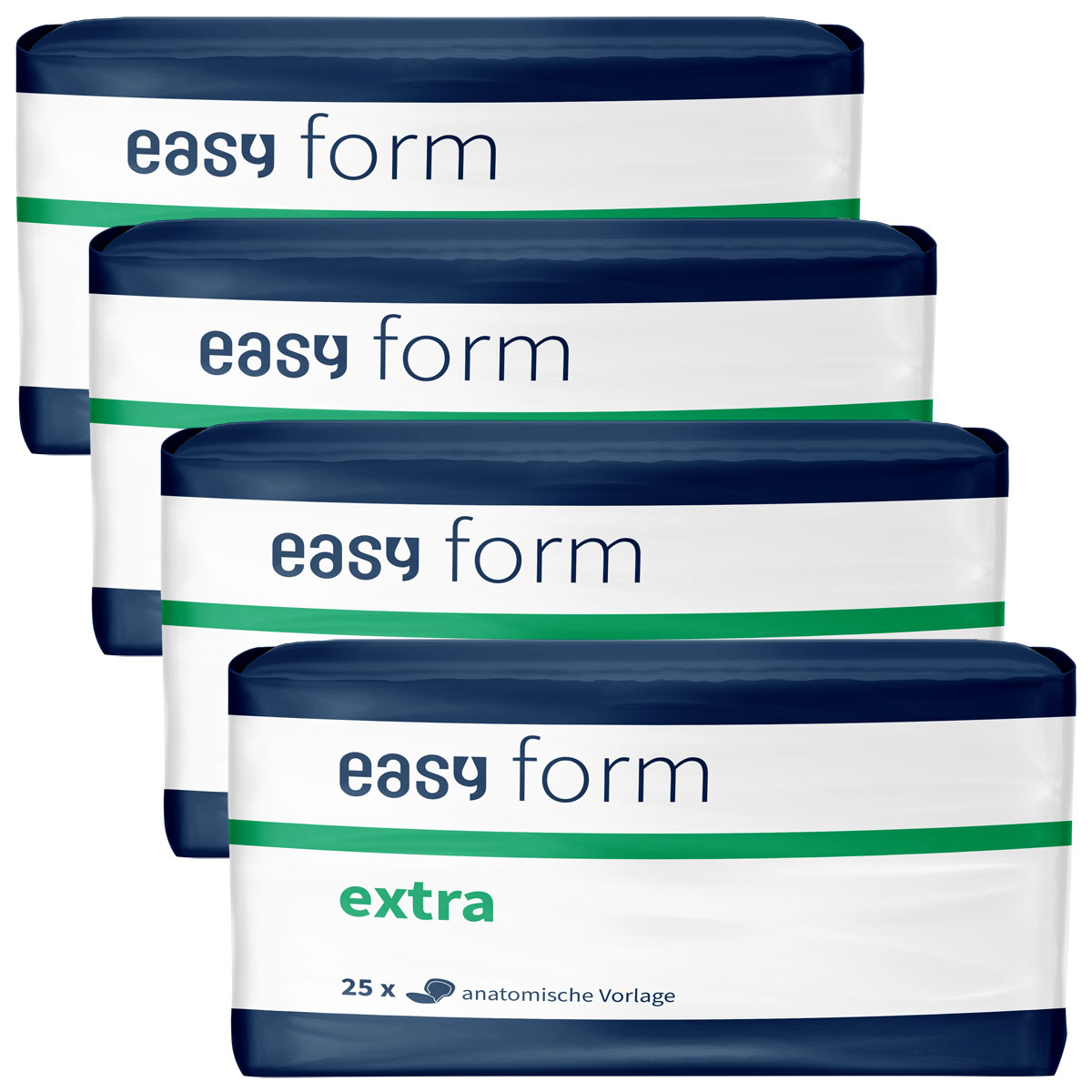 Vier Verpackungen mit einem weißen Hintergrund, die die Aufschrift -easy form extra- tragen. Jede Packung enthält 25 Stück in anatomischer Vorlage. Die Verpackungen sind übereinander gestapelt.