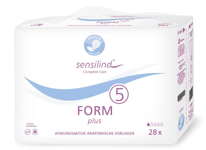 Ein Verpackungspaket von sensilind mit der Aufschrift -FORM plus 5-. Es enthält 28 atmungsaktive anatomische Vorlagen. Das Design ist schlicht mit überwiegend weißen und blauen Farben.