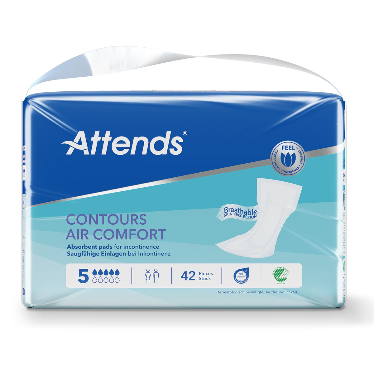 Attends Contours Air Comfort Packung für saugfähige Einlagen bei Inkontinenz. Sie enthält 42 Stück, ist dermatologisch getestet und hebt Atmungsaktivität hervor. Verpackung hat ein blaues Design.