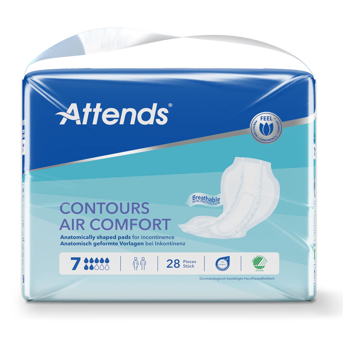 Attends Contours Air Comfort ist eine Packung mit anatomisch geformten Einlagen für Inkontinenz. Die Verpackung zeigt das Produktbild und enthält Informationen wie -28 Stück- und -Dermatologisch bestätigte Hautfreundlichkeit-.