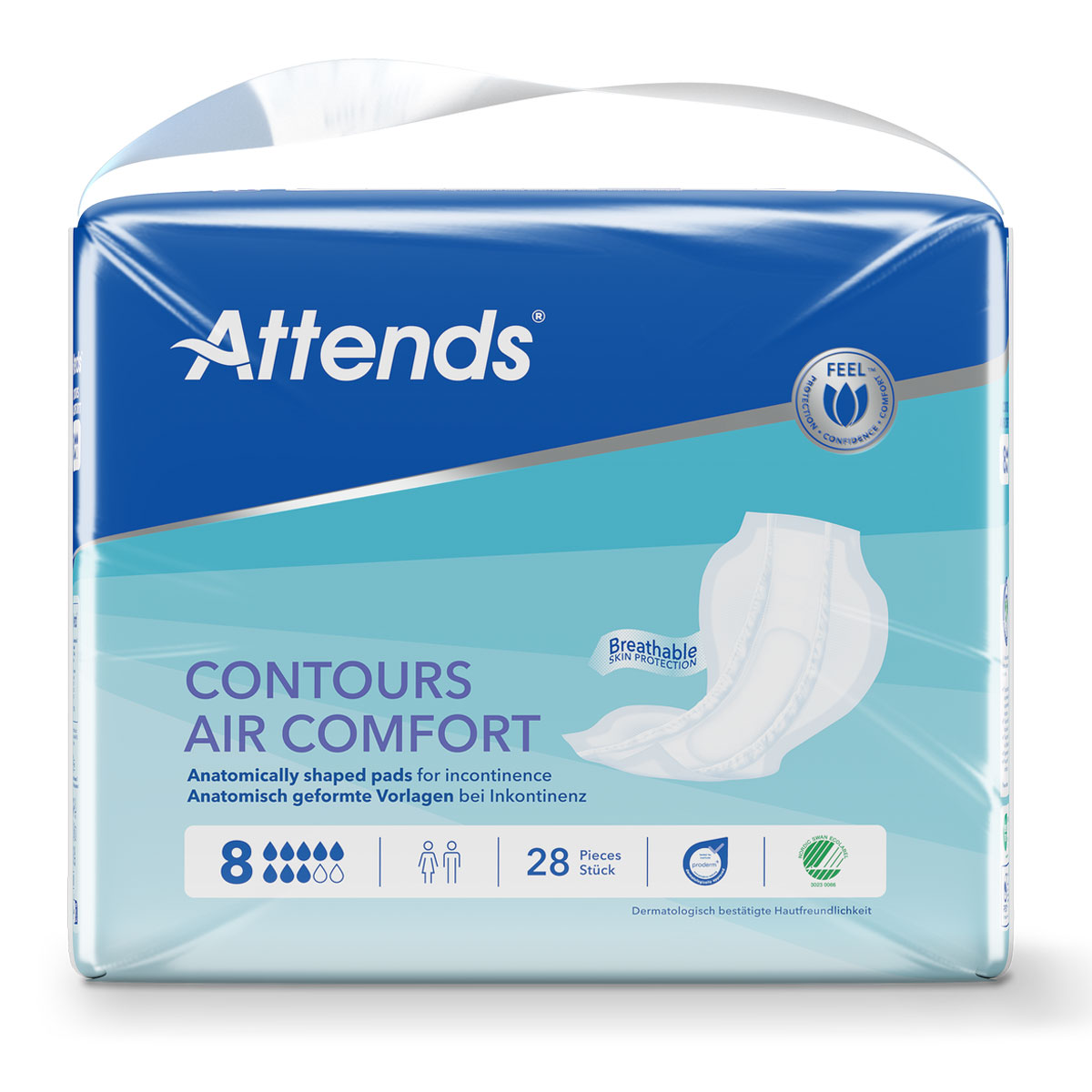 Attends Air Comfort Konturen-Pads in einer transparenten Verpackung, zeigt 28 Stück, mit Hinweisen auf anatomische Form und atmungsaktiven Hautschutz. Texte in Deutsch und Englisch prominent sichtbar.