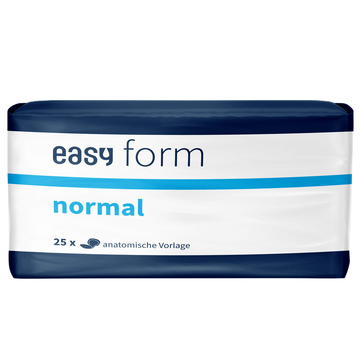 Packung mit anatomischen Vorlagen, beschriftet mit -easy form- und -normal-. Enthält 25 Stück. Der Hintergrund ist weiß mit blauen und blauen Akzenten.