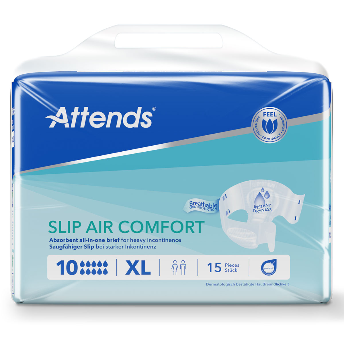 Attends Slip Air Comfort XL, verpackt in einer durchsichtigen, blauen Tüte mit Griff. Die Verpackung zeigt Informationen über die Saugfähigkeit und Hautfreundlichkeit sowie eine Abbildung des Produkts. 15 Stück enthalten.