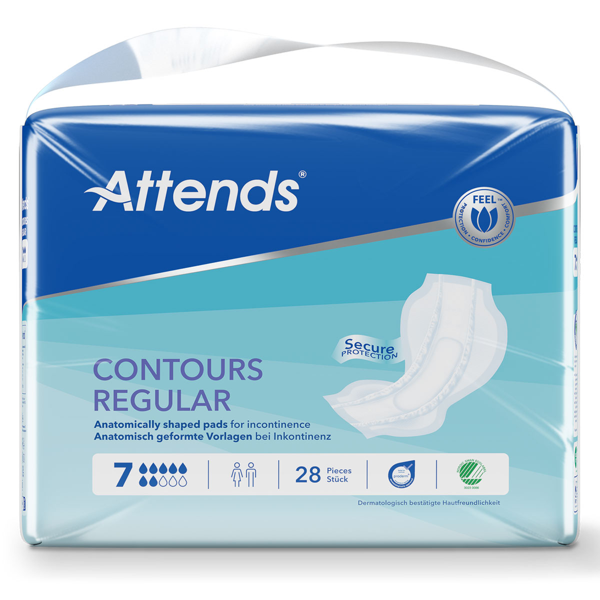 Attends Contours Regular Packung mit 28 anatomisch geformten Inkontinenzvorlagen. Die Vorderseite zeigt das Produktdesign, Text beinhaltet Informationen zu Schutz und Hautverträglichkeit.