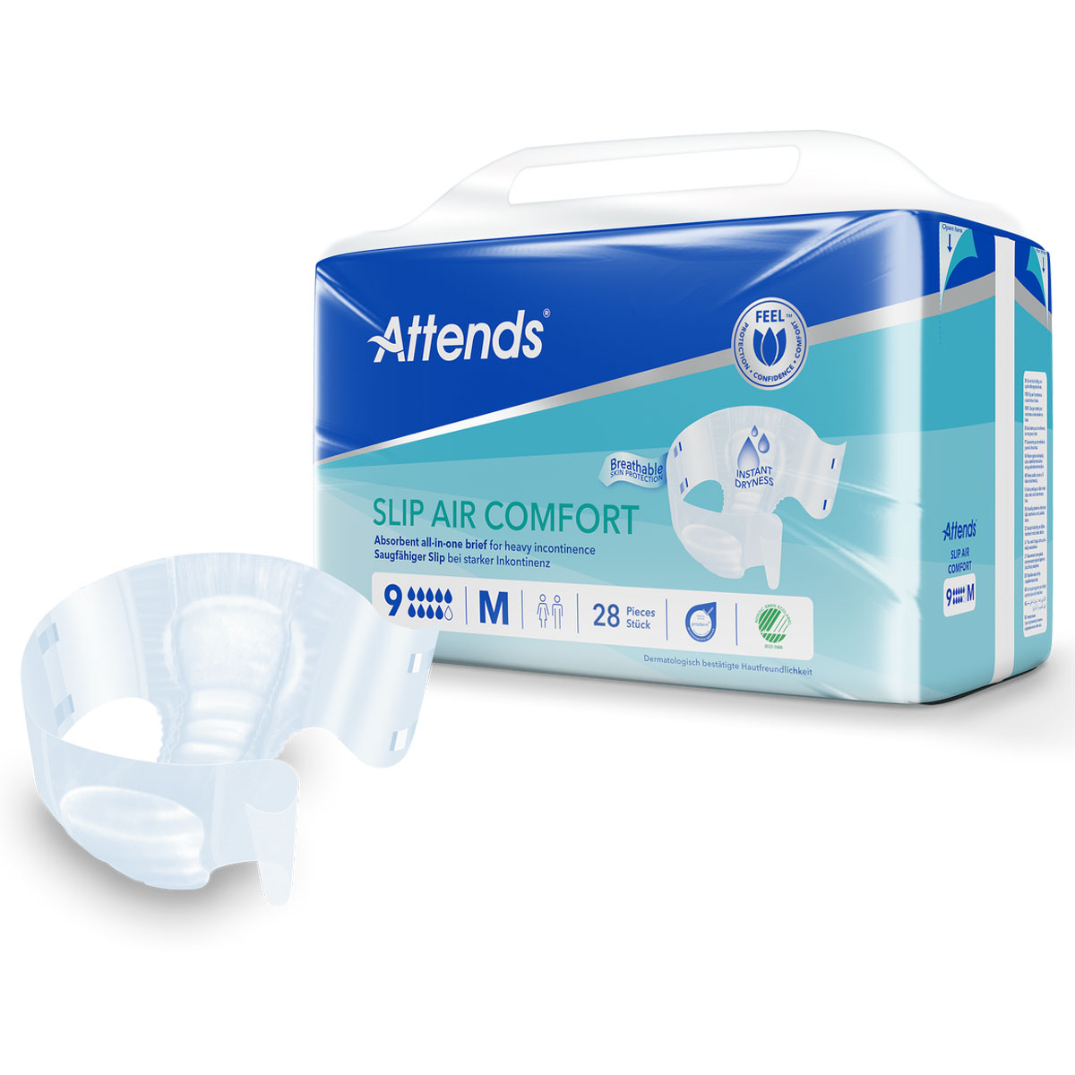 Absorbierende Einlage in Form eines Slip, präsentiert vor der Verpackung. Die Packung trägt die Aufschrift -SLIP AIR COMFORT- und enthält 28 Stück in Größe M. Umgebungsfarbe ist blau und weiß.