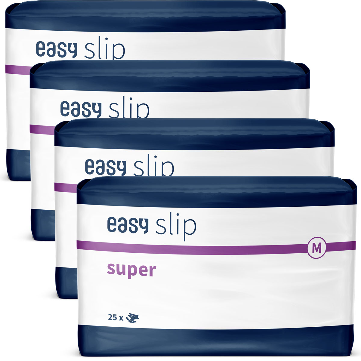 Vier Packungen von -easy slip-, die in einem blauen und weißen Design gehalten sind. Jede Packung enthält 25 Stück und ist in der Größe M mit der Bezeichnung -super- beschriftet.