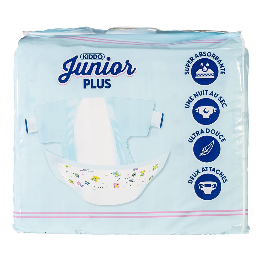 Verpackung von Kinderdias, auf einem hellblauen Hintergrund. Die Vorteile wie -super absorbierend- und -ultra weich- sind in Icons dargestellt. Der Produkttitel -Kiddo Junior Plus- ist prominent platziert.