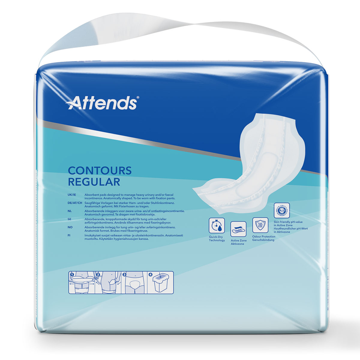 Eine Packung Attends Contours Regular Einlagen ist abgebildet. Die Verpackung zeigt eine klare Anleitung zur Verwendung. Sie ist in Blau- und Grüntönen gehalten und sieht hygienisch aus. Auf der Vorderseite sind Symbole für Technologie und Hautfreundlichk